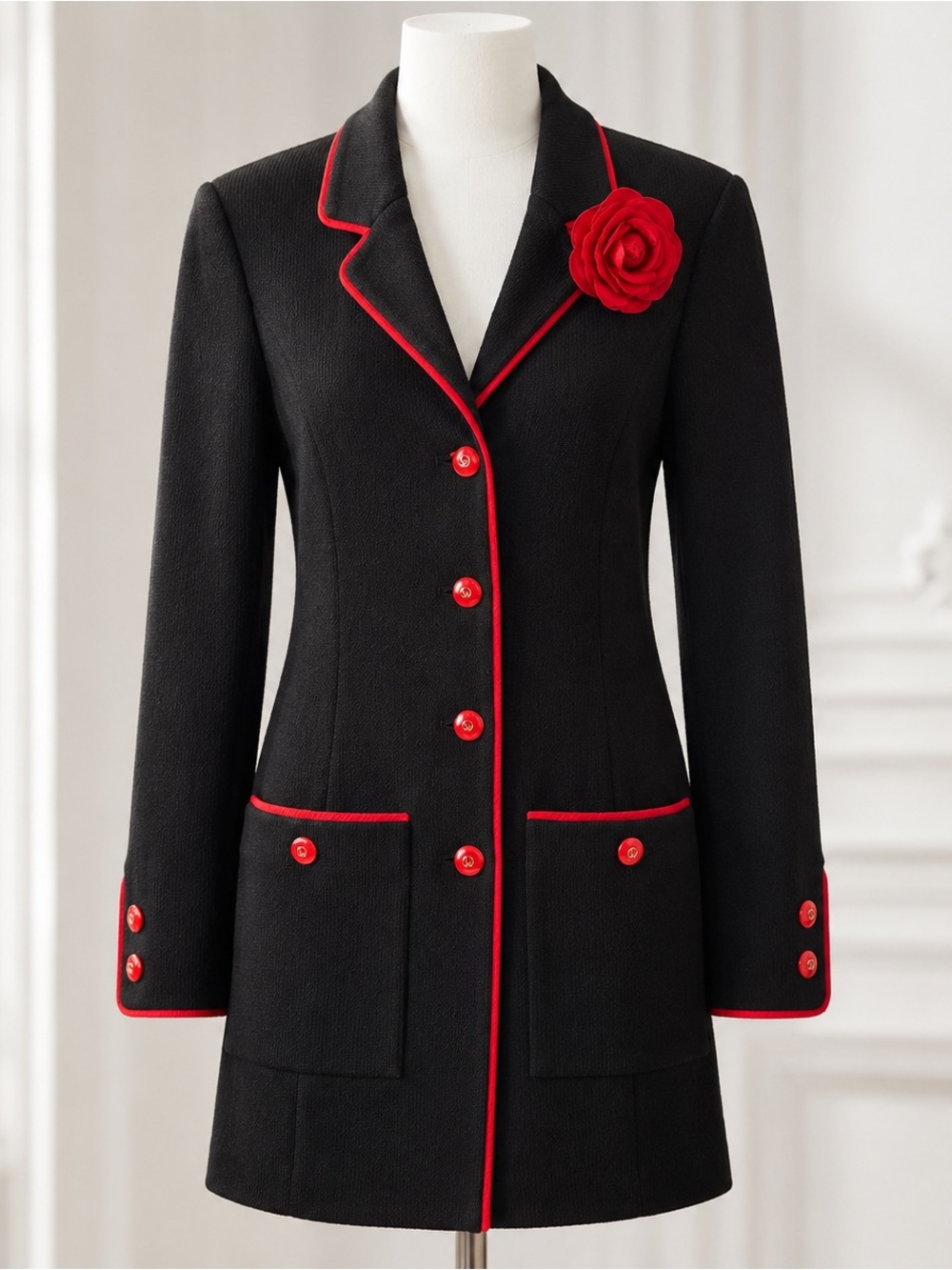 Size 4 St. John Collection Marie Gray Black Red Trim Long Knit Jacket Flower Bro